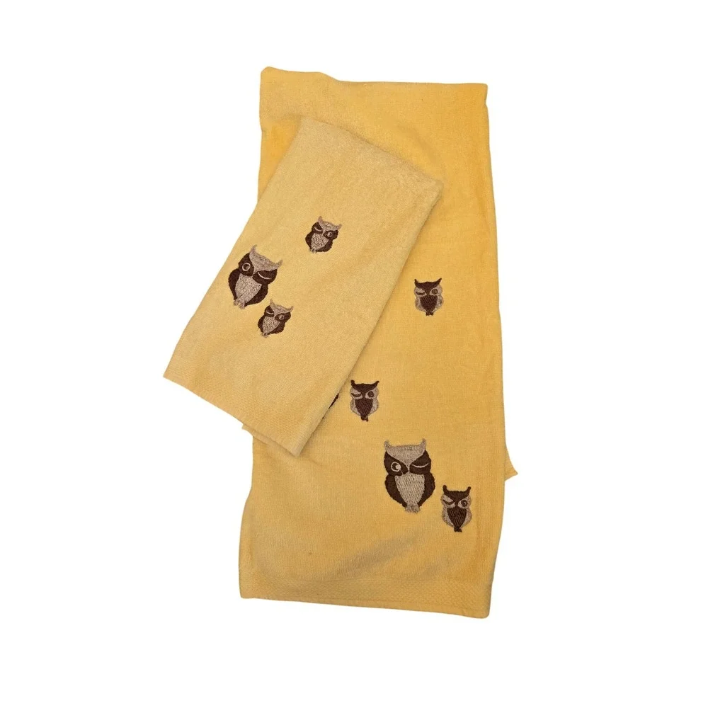 Vintage Yellow Embroidered Owl Towel Set Bath Hand Towel Martex   USA Retro